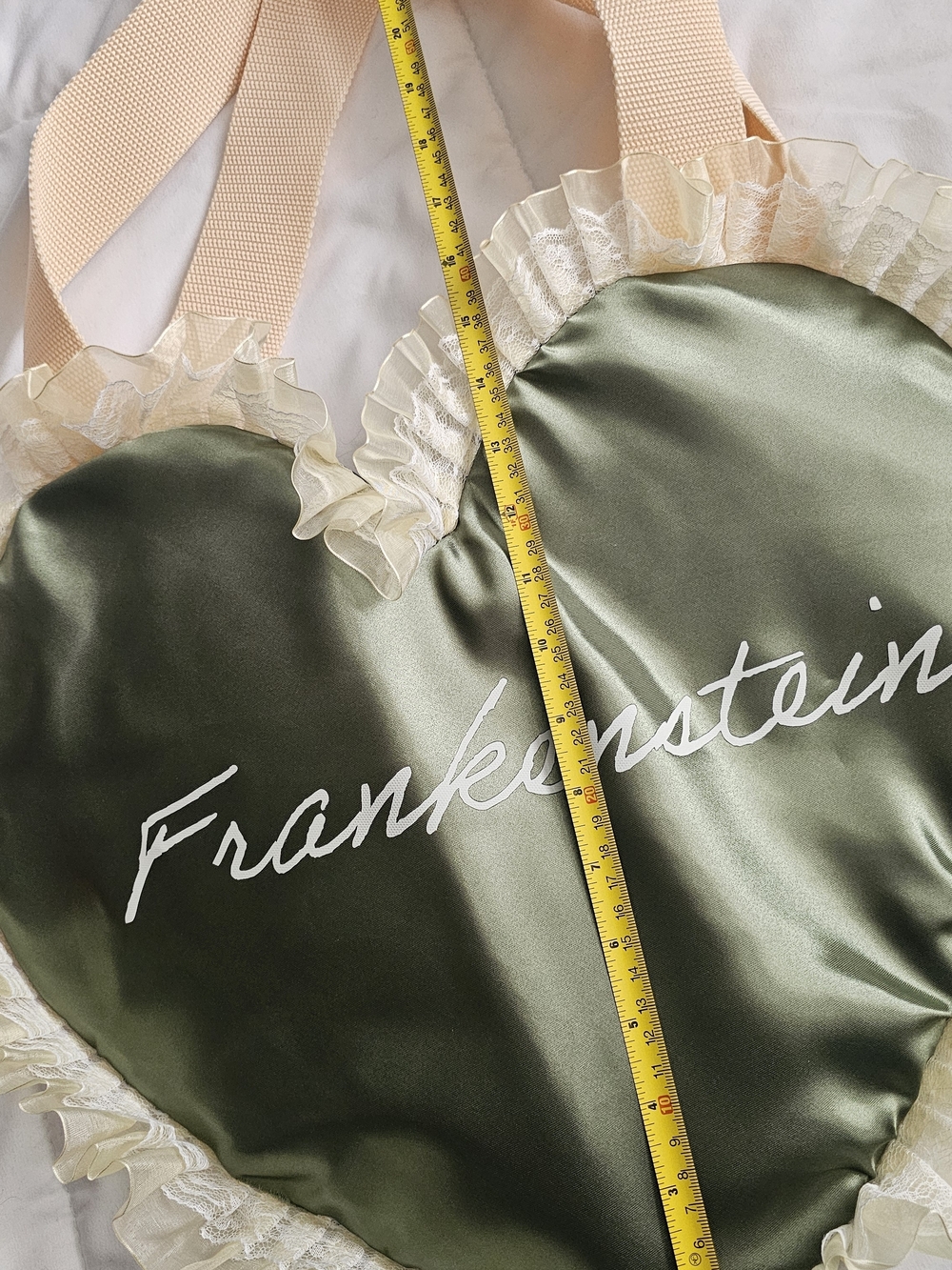 Frankenstein Satin Heart Tote – Olive Green with Cream Ruffle - Picture 5 of 5